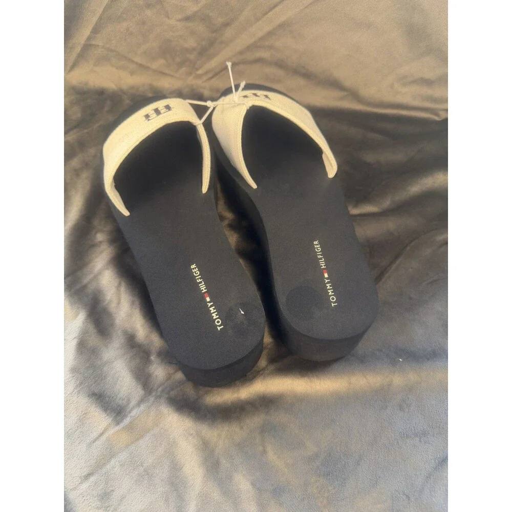 Tommy Hilfiger Mens TWADELIN-C Slide Sandals Black/White Logo US 10 Textile